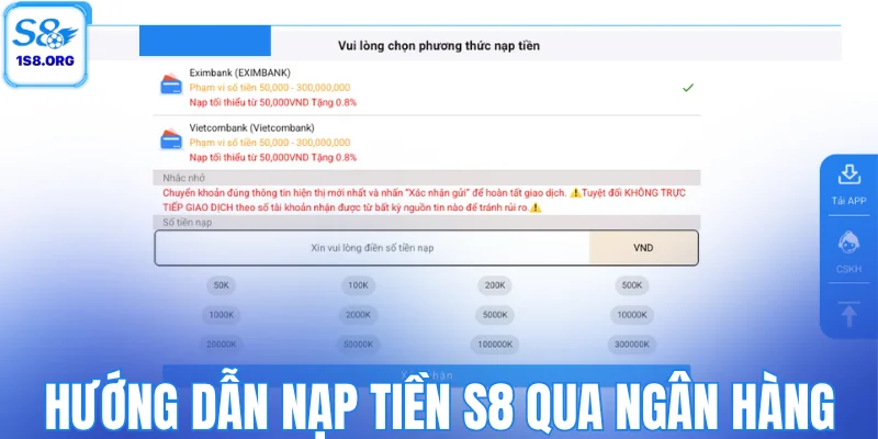 Hướng dẫn nạp tiền S8 qua ngân hàng